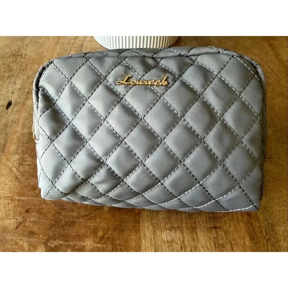LOVEVOOK Quilted Cosmetic Makeup Bag Grey Nylon Travel Pouch Gold Hardware